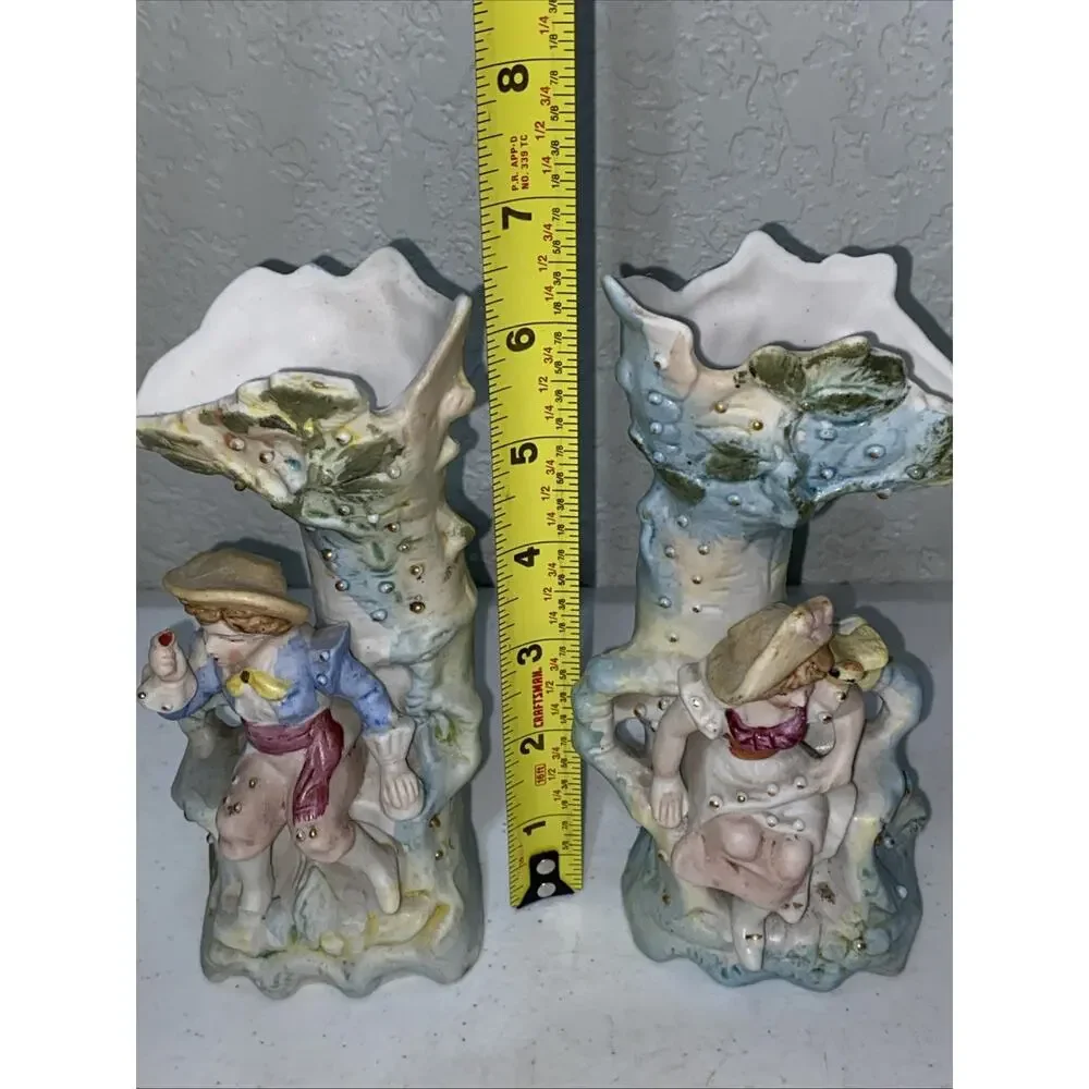 VTG Paulux Made In Occupied Japan Ceramic Figurine Vases Set Of 2 Bisque 6.5